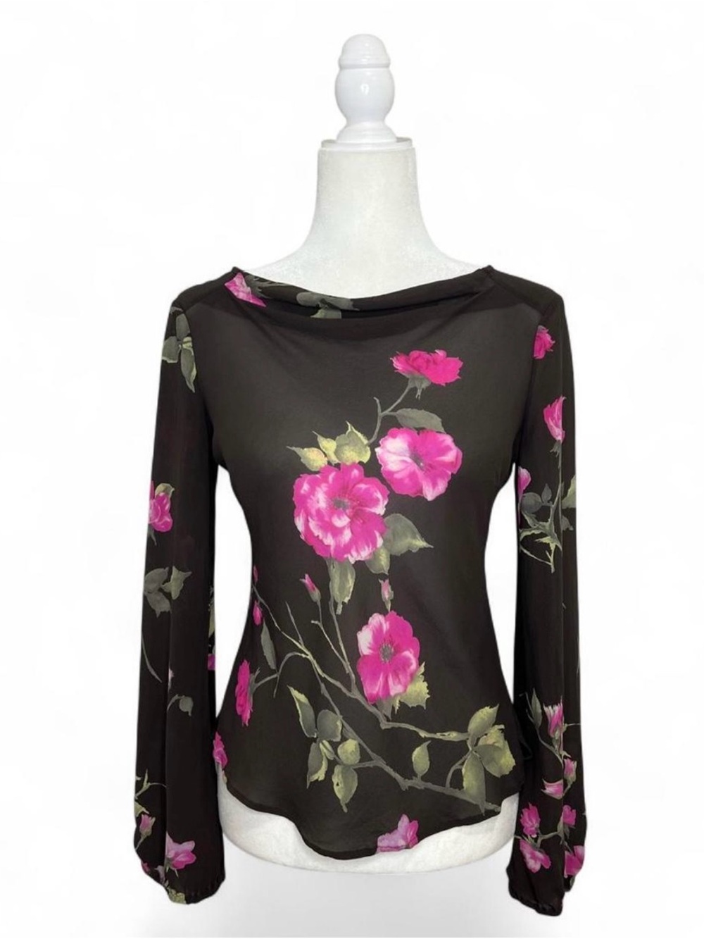 Y2K ESCADA 100% SILK brown floral sheer long sleeve top